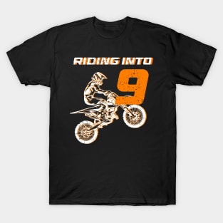 Riding into 9th Birthday Boy Dirt Bike B-day Gift For Kids Tollders T-Shirt